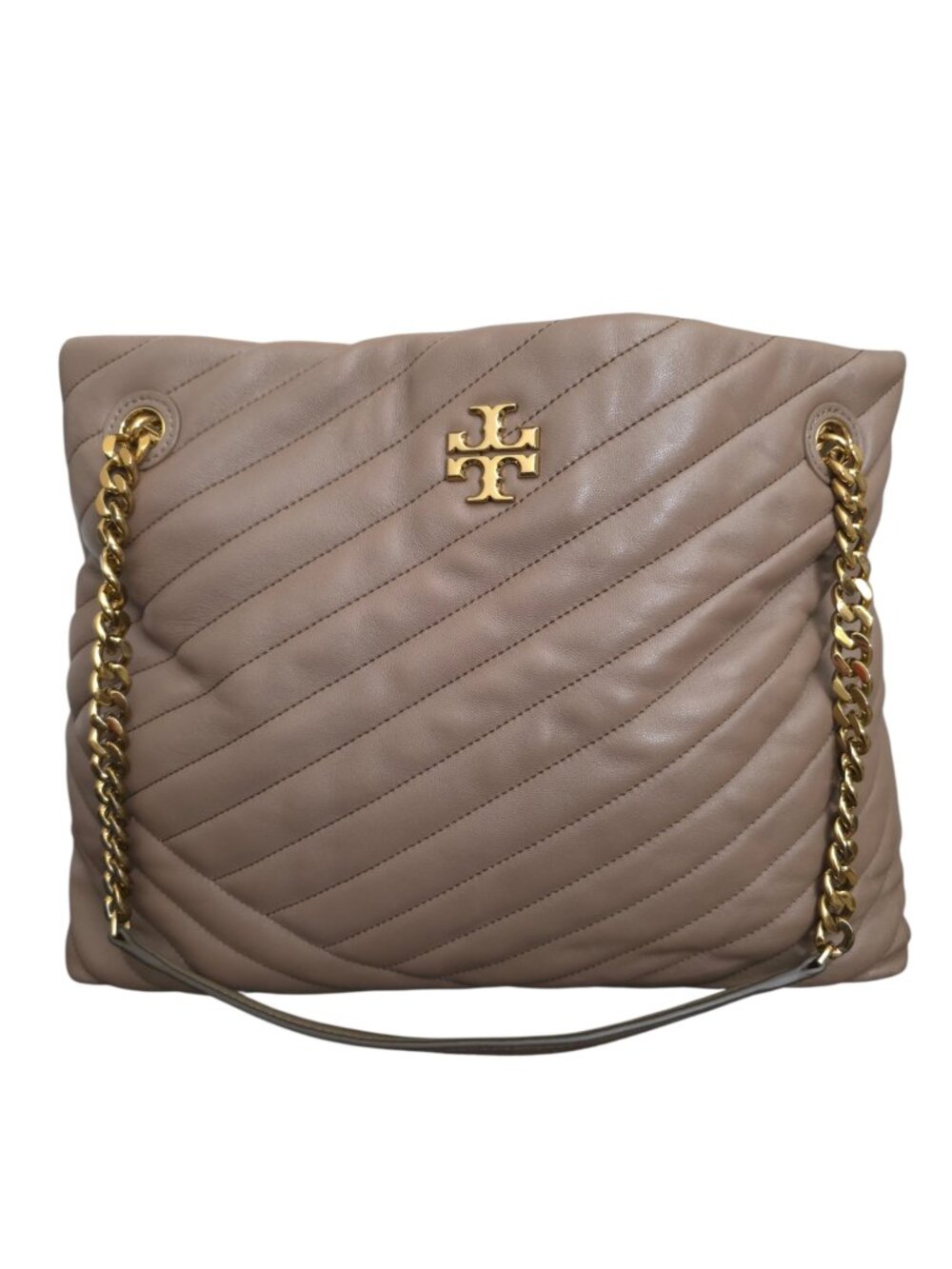 Tory Burch Kira Chevron Tote Bag Taupe Beige Leather Quilted Chain